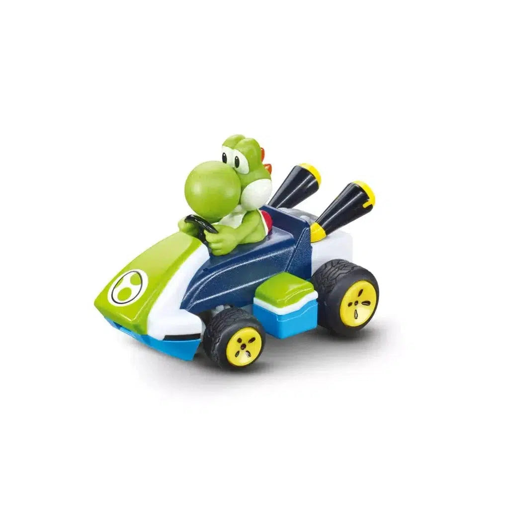 A Yoshi in a racing kart with oversized wheels and a green bumper, sitting in a driving position.