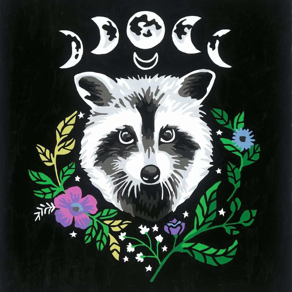 Illustration of a raccoon surrounded by colorful flowers and leaves, with moon phases above on a black background, perfect for fans of Raccoon Paint by Numbers.