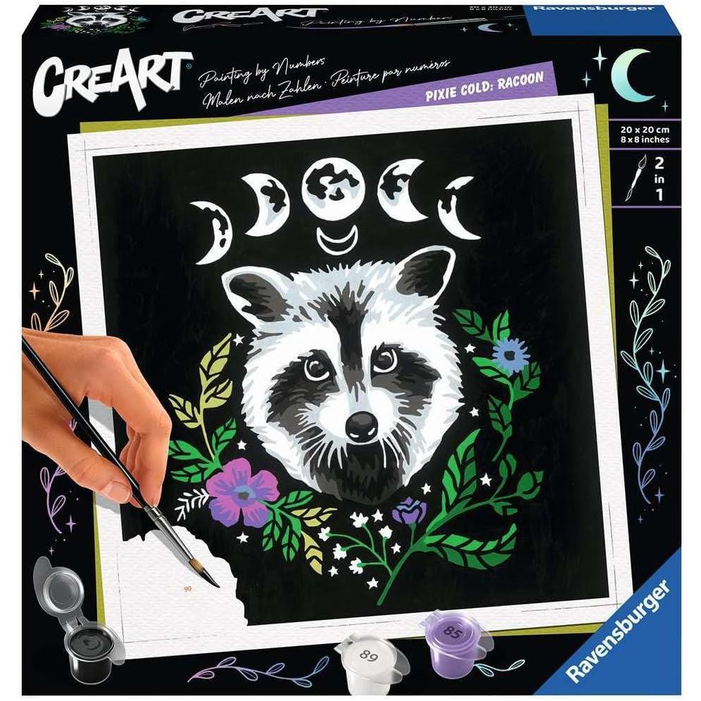 Ravensburger CreArt Pixie Cold presents a Racoon Paint by Numbers Kit, where the raccoon is elegantly surrounded by flowers and crescent moons. Complete with paint pots and a brush, this kit merges Painting Arts and Crafts into one enchanting masterpiece.