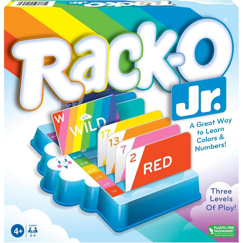 Rack-O Jr. children's edition game box showcases vibrant cards with numbers and colors. It's a fun learning tool in the toys &amp; games category, ideal for teaching kids ages 4 and up about colors and numbers.