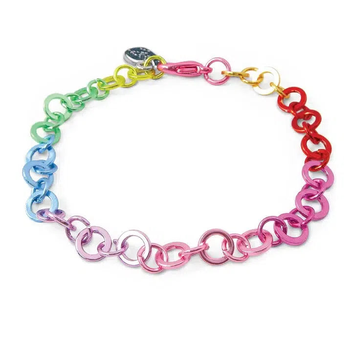 Discover the allure of a customizable bracelet, showcasing interlinked metal rings in a stunning rainbow gradient. Transitioning from green to yellow, orange, red, pink, purple, and blue against a white background, it's the perfect blend of elegance and personal flair.