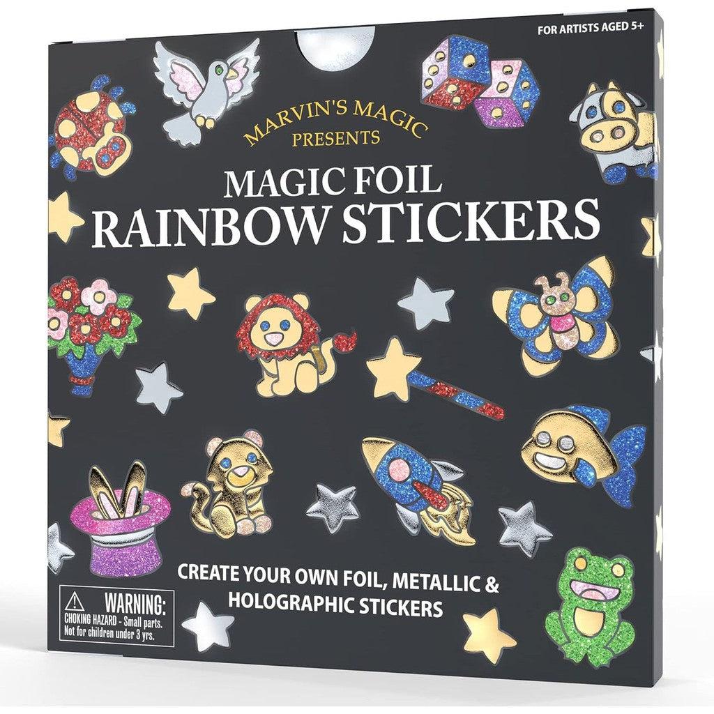 black book covered with colorful animals. reads "Magic Foil Rainbow Stickers" in white letters