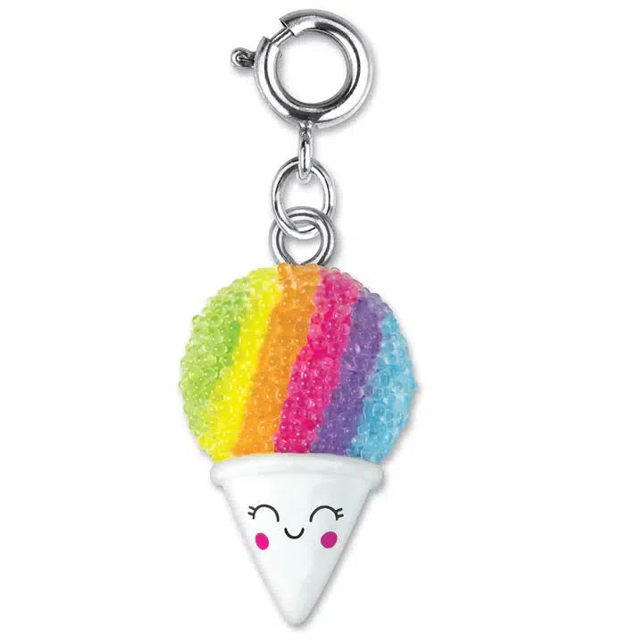 Discover the delightful CHARMS IT! snow cone charm, showcasing vibrant rainbow stripes and a cheerful smile. Perfect for personalized jewelry collections, it features a sturdy metal clasp at the top to adorn your accessories with joy.