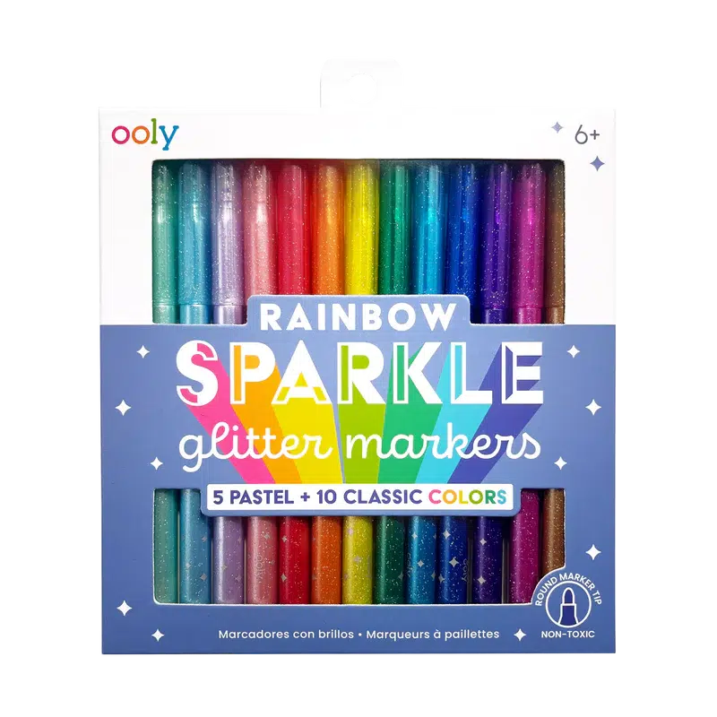 Ooly Rainbow Sparkle Glitter Markers, five pastel and ten classic colors that are non toxic