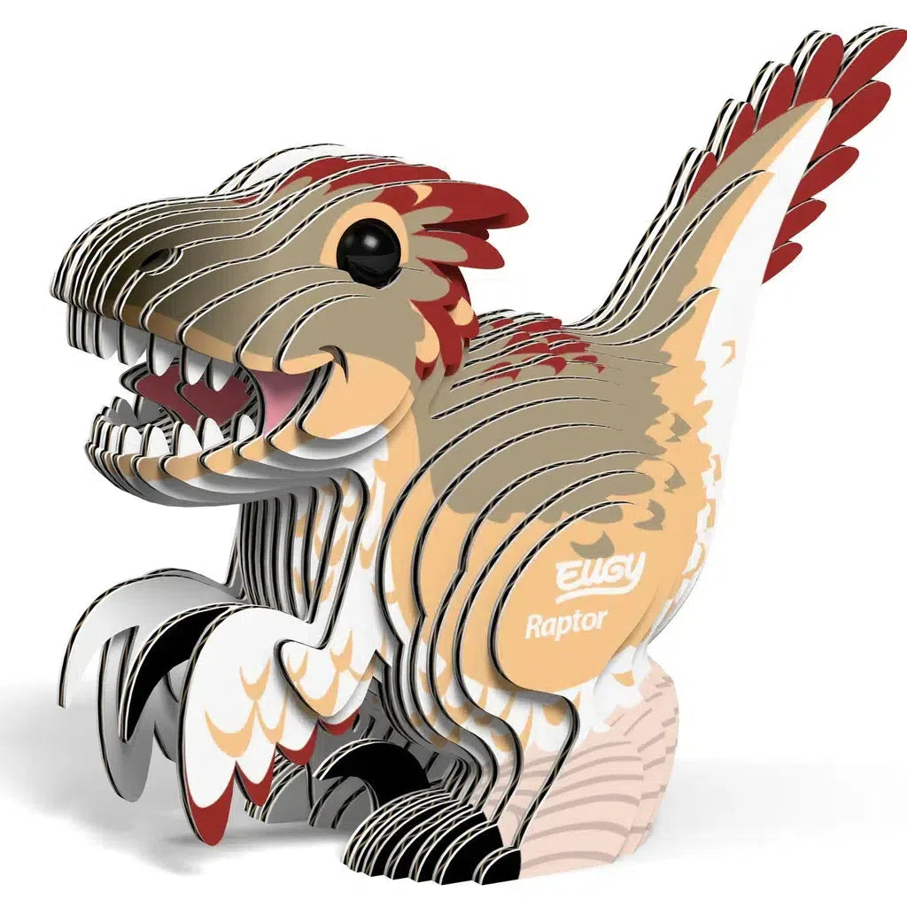 This eco-friendly 3D puzzle model features a cartoon-style raptor made from layered cardboard pieces. Its playful expression and intricate design not only charm but also engage young minds in basic STEM concepts.