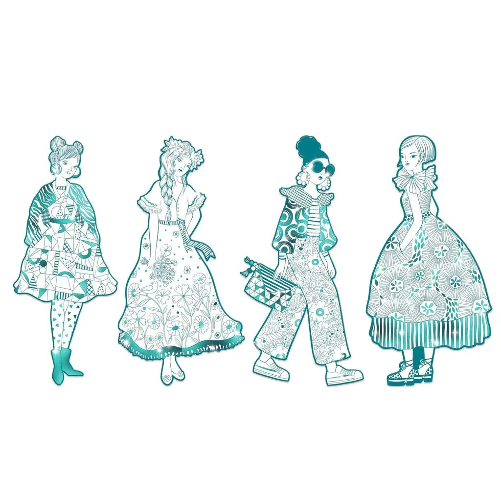 Illustration of four stylishly dressed people in colorful, patterned outfits with unique hairstyles and accessories, all brought together in a striking teal color scheme.