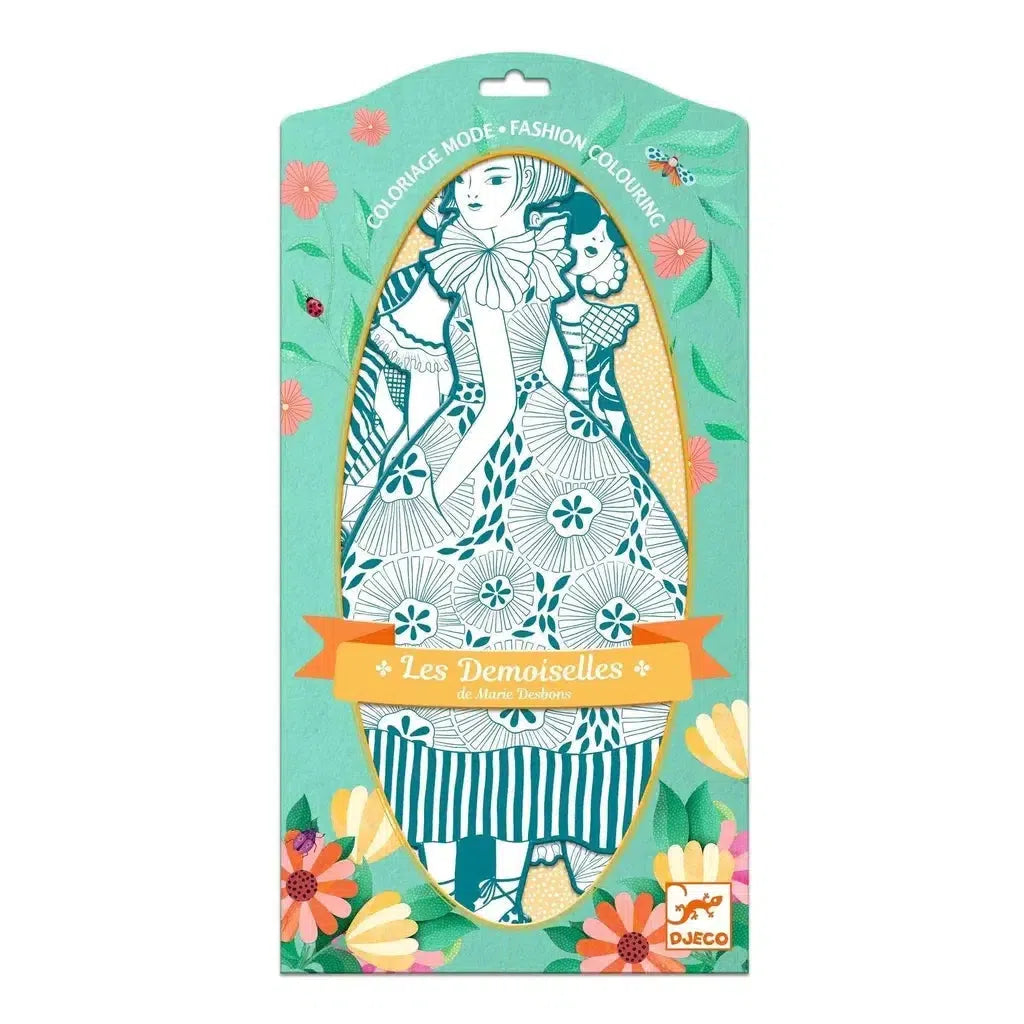 Coloring set packaging with an illustration of a girl in a floral dress and colorful outfits. Text reads "Les Demoiselles" and "Djeco" at the bottom. The background, adorned with flowers and metallic areas, features a green color scheme.