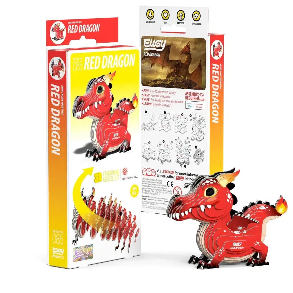 The Red dragon cardboard model kit from EUGY is a captivating 3D puzzle, with packaging and assembly instructions visible. It showcases the completed dragon figure alongside a picture of parts, subtly integrating STEM concepts to enhance learning while building.