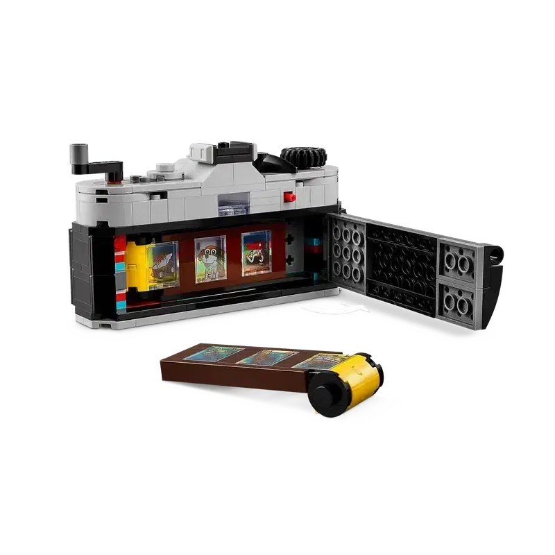 The camera build is shown from the back with the hatch for the lego film reel open