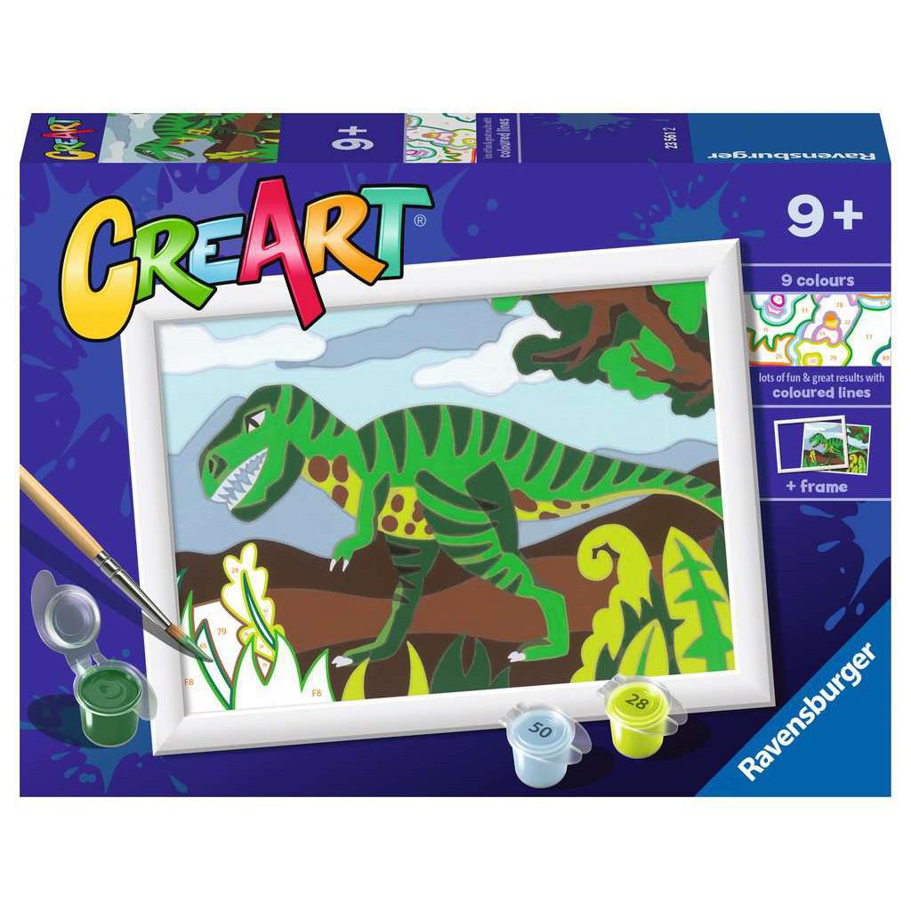 The Ravensburger CreArt Paint by Numbers Kit showcases a vibrant Roaming Dinosaur scene. This painting kit box includes paints, a brush, and an easy-to-follow template for ages 9 and up.