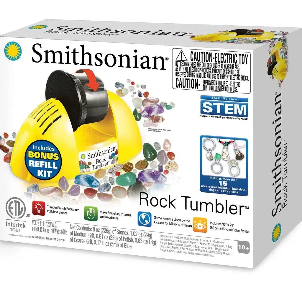 Explore the Smithsonian Rock Tumbler box featuring colorful, polished stones and a bonus refill kit. This STEM-labeled set is perfect for budding geologists aged 10 and up, transforming ordinary rocks into enchanting charms of nature.