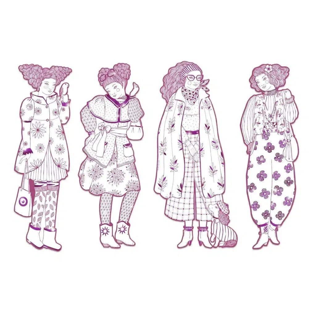 Illustration of four women in colorful, stylish outfits with unique hairstyles and accessories, featuring fashionable patterns and a hint of metallic areas.