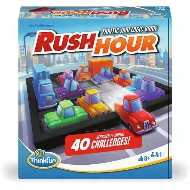 The Rush Hour board game box features colorful cars in a gridlock puzzle, accompanied by the text "Traffic Jam Logic Game, 40 Challenges." This educational game is perfect for ages 8 and up. Available at ThinkFun Online Shop.