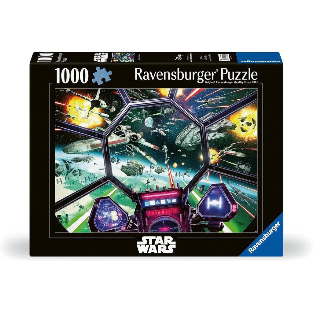 Box of a 1000-piece Ravensburger Star Wars Jigsaw Puzzle featuring a space battle scene with various ships and vibrant colors. Experience the engaging challenge and satisfaction offered by Softclick Technology in this Ravensburger TIE Fighter puzzle.