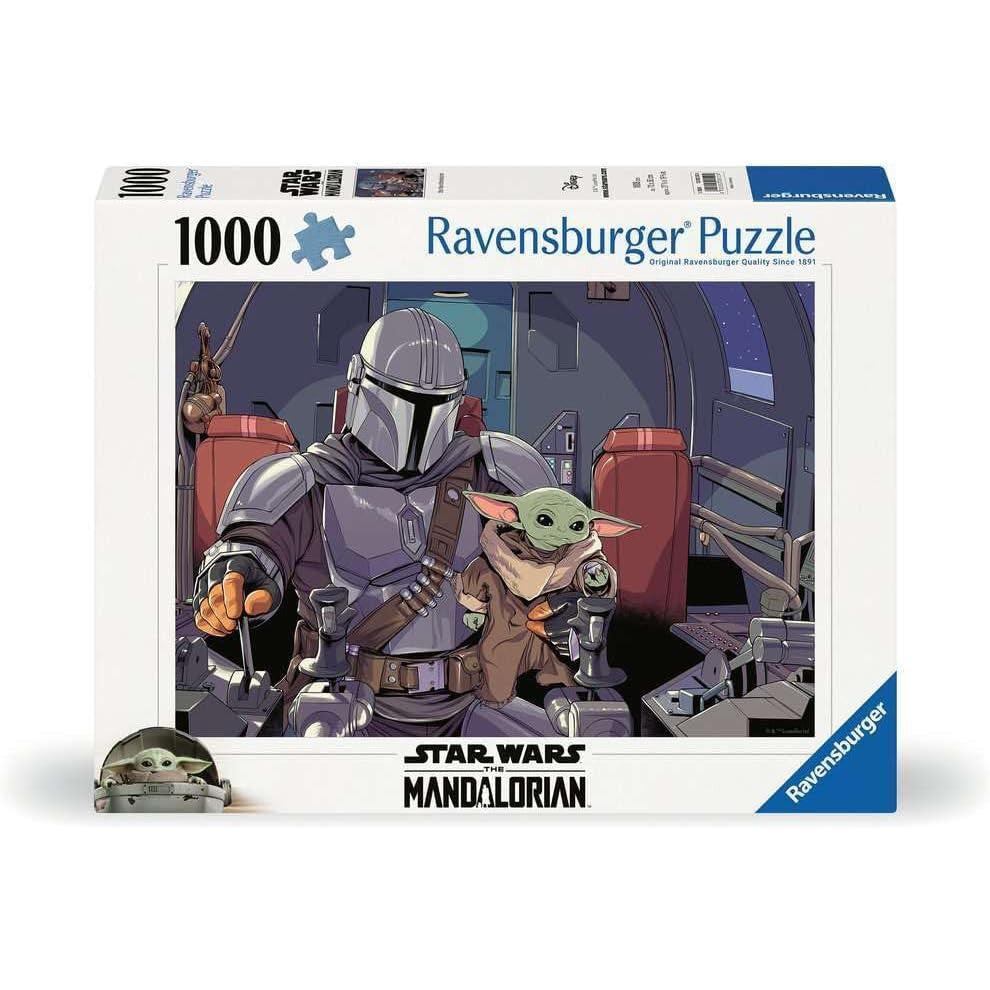 Delve into the Star Wars universe with this 1000-piece Ravensburger jigsaw puzzle. Featuring characters from The Mandalorian, including the iconic helmeted figure and a small green creature in a cockpit, it's a captivating challenge for any fan.