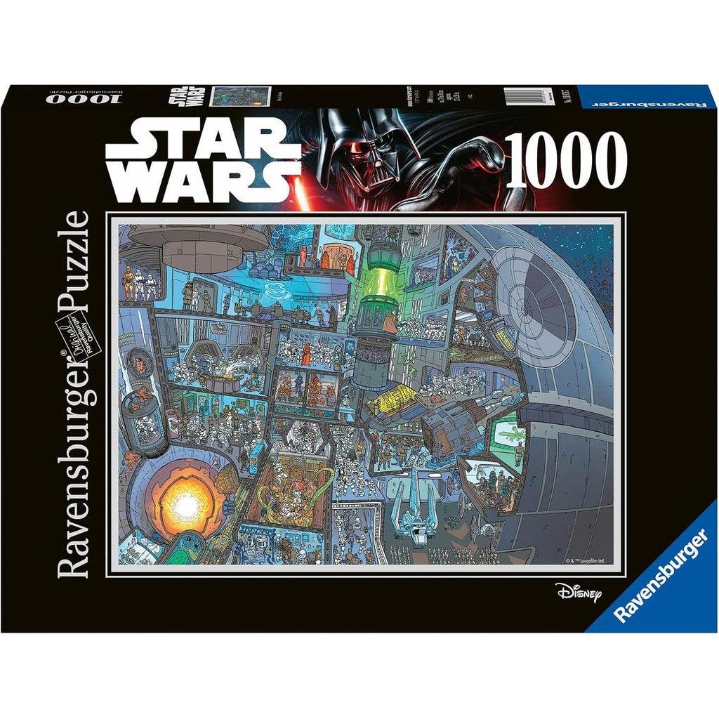 This Star Wars-themed Ravensburger 1000-piece jigsaw puzzle box showcases a detailed Death Star illustration with various iconic scenes and characters, all enhanced by Ravensburger's Softclick Technology for an enjoyable assembly experience.