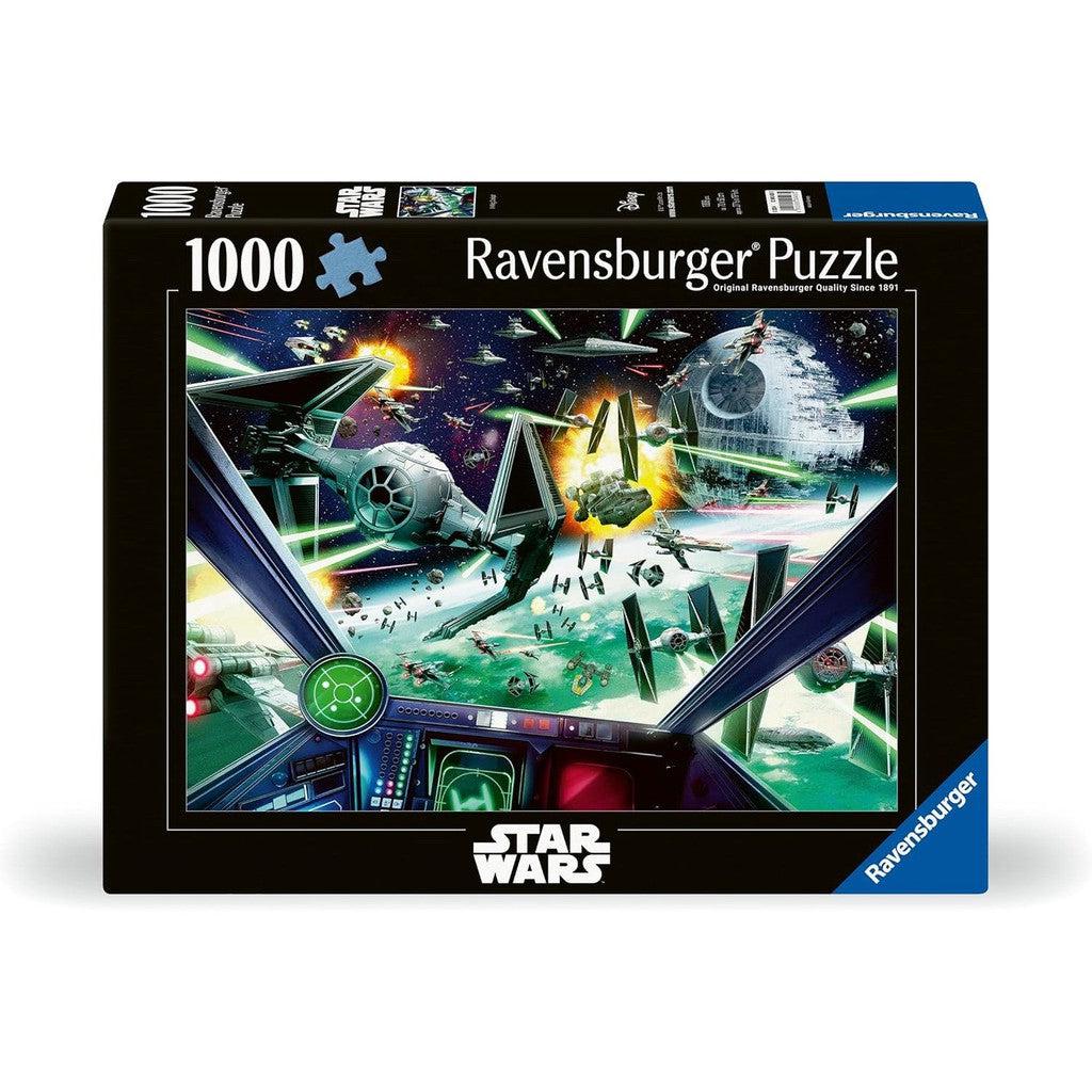 The Ravensburger Star Wars puzzle box presents a captivating 1000-piece scene of an epic space battle, complete with spaceships and the imposing Death Star. Perfect for jigsaw puzzle enthusiasts, this set promises an engaging experience as you piece together the intricate details.