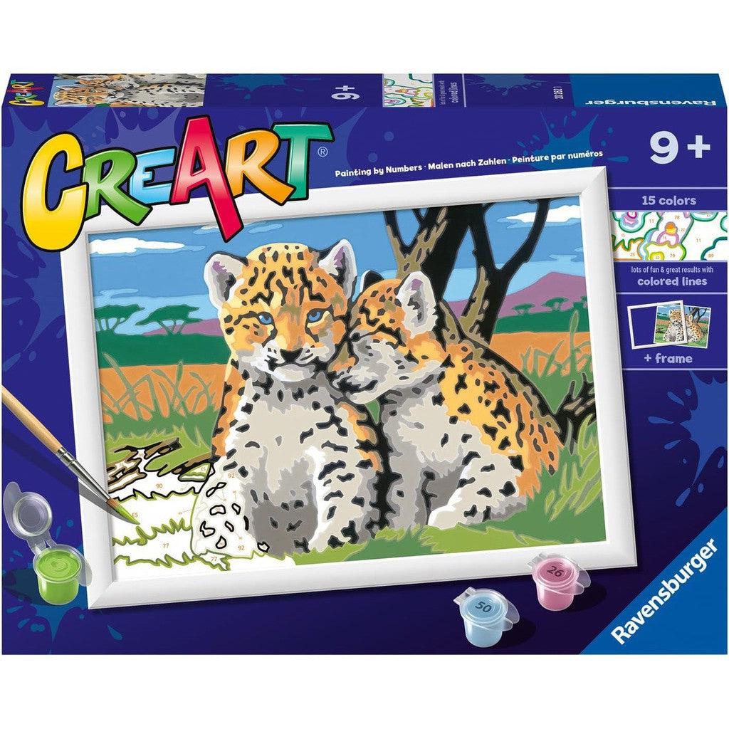 The Ravensburger Safari Friends Paint by Numbers Kit features a delightful depiction of two cheetahs cuddling on a serene savanna background. This engaging Painting Arts and Crafts set includes paints and a brush, perfect for ages 9+.