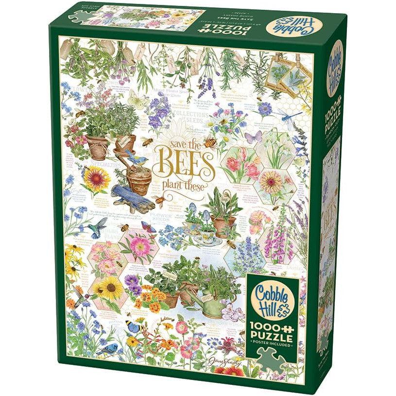 1000 pc puzzle of a white floral collage with the phrase "save the bees plant these" written in swirly letters.