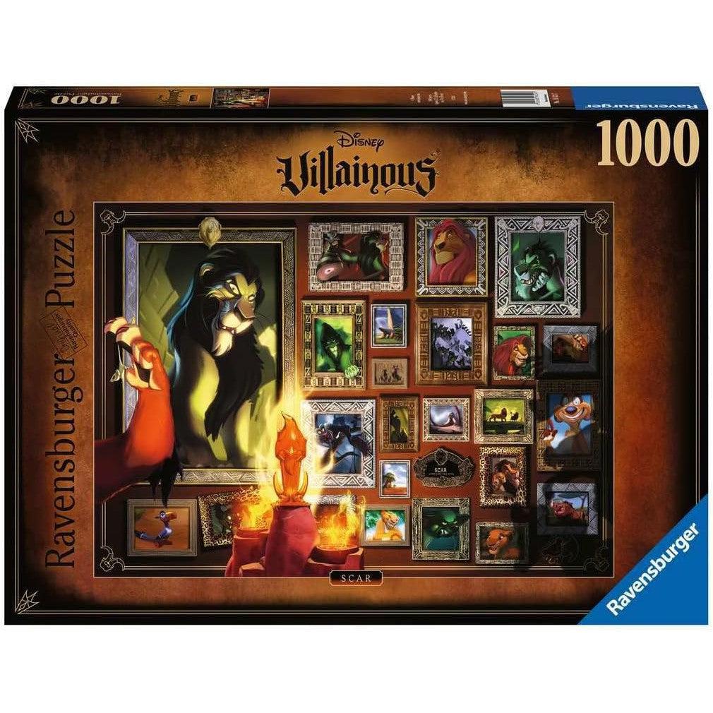 Dive into the 1000-piece Scar Jigsaw Puzzle from Ravensburger, showcasing Disney Villainous characters. With Scar at its heart, it beautifully frames other notorious villains in stylish portrait frames.