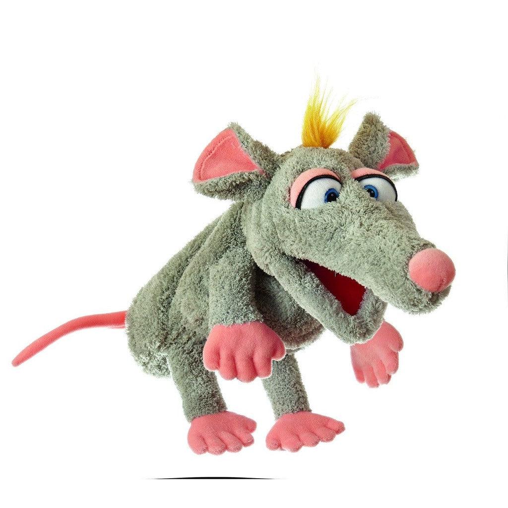 A gray hand puppet resembling a rat with pink ears, nose, and paws, along with a tuft of yellow hair, measures 34 cm against a white background.