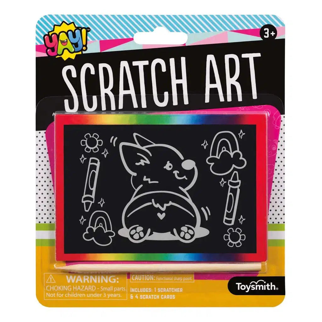 The Scratch Art kit comes with a vibrant, rainbow frame showcasing a cartoon animal and various shapes on a black card. Packaging features an age recommendation and safety warning. Includes a wooden scratcher tool for endless creative fun.