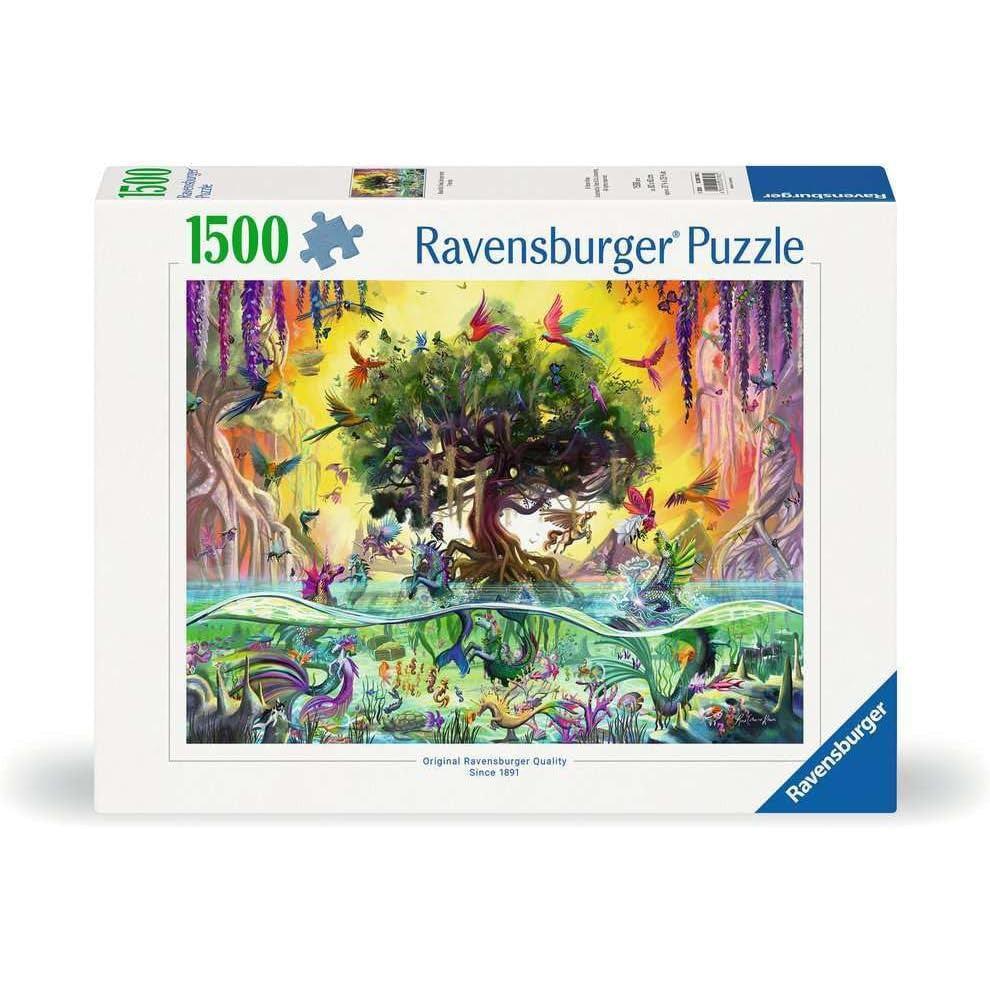 Discover the Ravensburger jigsaw puzzle box showcasing a 1500-piece fantasy scene with a large tree, vibrant animals, and a colorful background that captures the imagination.