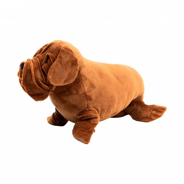 A brown, premium quality dog toy with floppy ears and a wrinkled face sits on all fours against a plain white background, resembling an adorable hybrid animal friend.