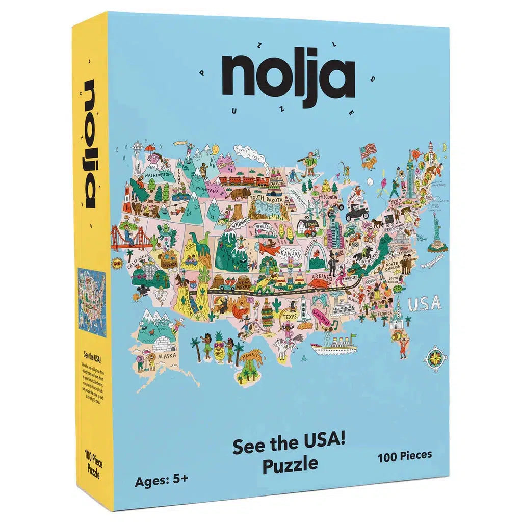 Colorful 100-piece puzzle box featuring a cartoon U.S. map with historical landmarks. Title: "nolja - See the USA! Puzzle." An interactive road trip for ages 5 and up.