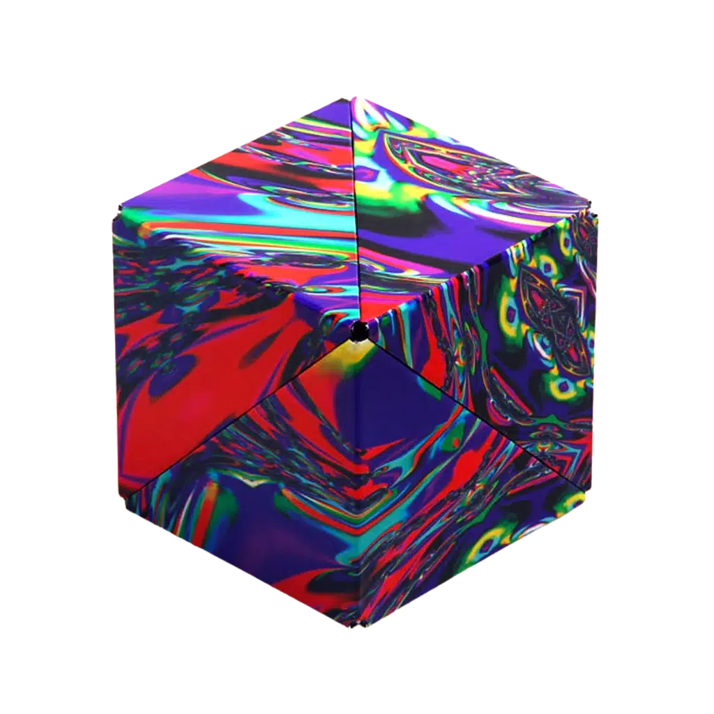 The Shashibo cube showcases a highly colorful, psychedelic pattern with vibrant reds, blues, greens, and purples on a black background. Using rare earth magnets, this mesmerizing cube transforms into various shapes.