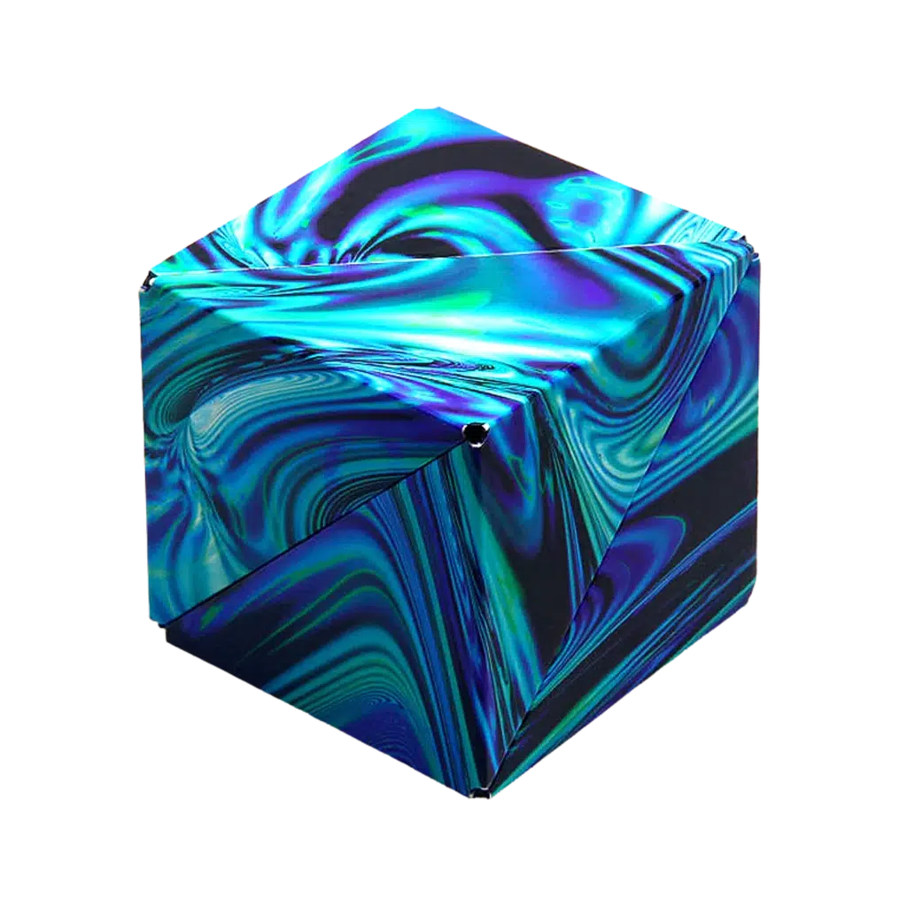 A cube with a swirling, iridescent blue and teal pattern on each face creates a dynamic visual effect, while rare earth magnets inside allows it to transform into various shapes like a Shashibo.