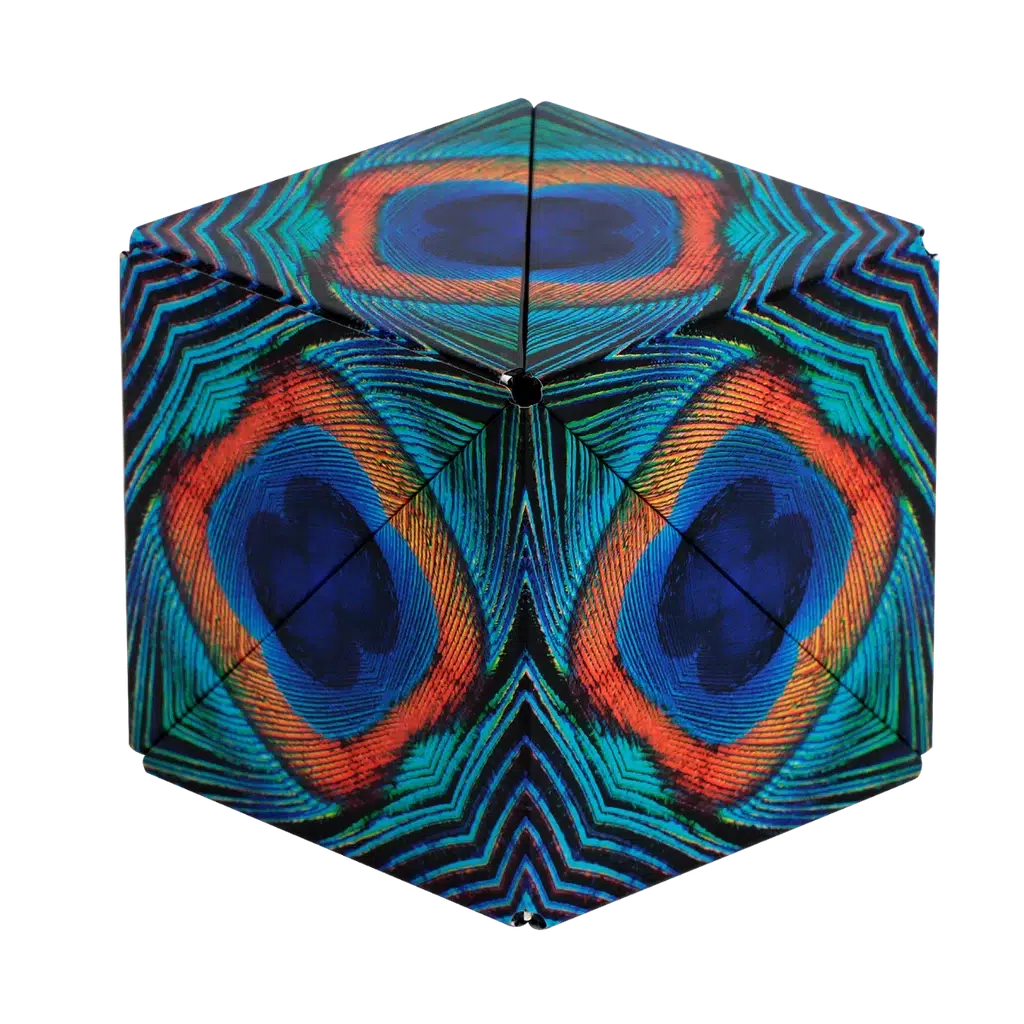 The Shashibo features a hexagonal structure adorned with a vibrant peacock feather pattern, showcasing blues, reds, and greens. Its design ingeniously incorporates rare earth magnets, allowing the cube to transform into various shapes effortlessly.