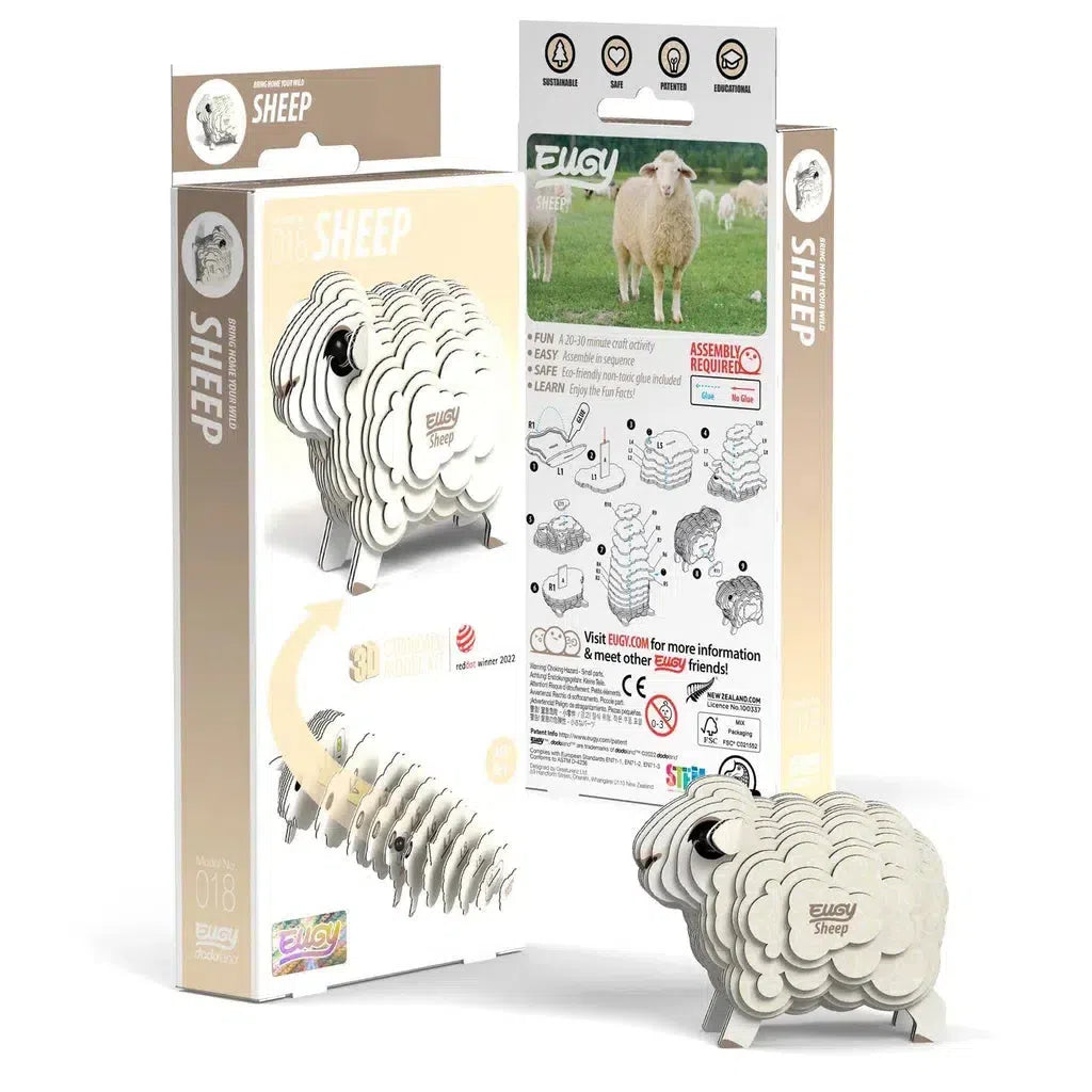 EUGY eco-friendly 3D puzzle kit of a sheep, featuring white and gray pieces. Packaging shows assembly instructions and a completed sheep model, blending fun with STEM concepts.