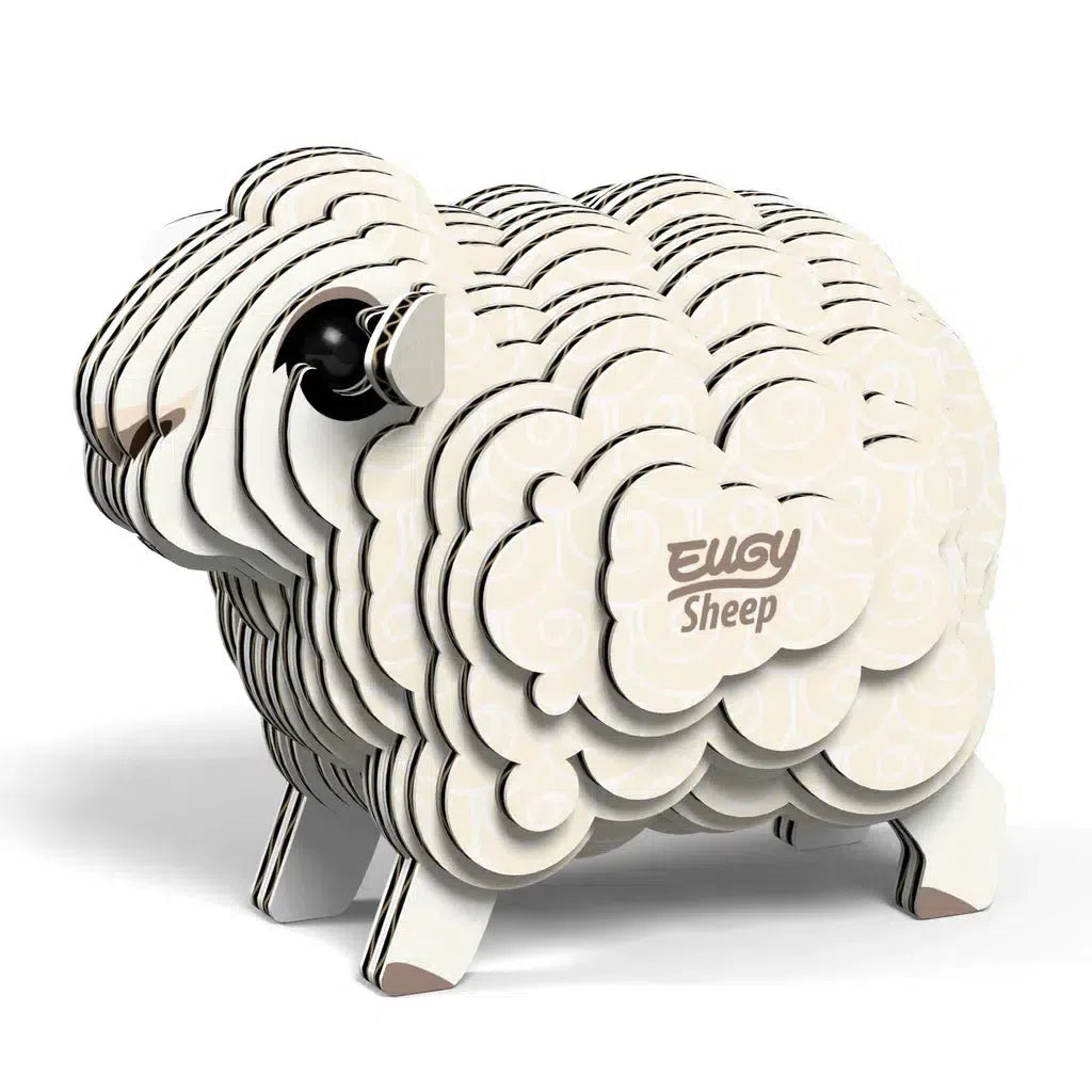 Discover the charming 3D puzzle model of a sheep, crafted from layered, intricately cut pieces. With "Eugy Sheep" adorning its side, this eco-friendly creation introduces STEM concepts in a playful manner.