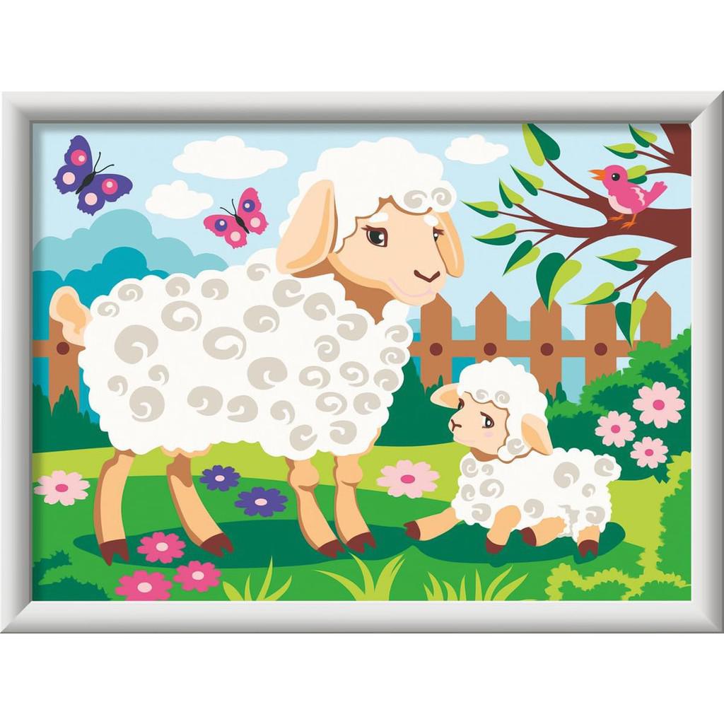 This charming Ravensburger CreArt illustration captures two sheep in a garden adorned with vibrant flowers, fluttering butterflies, and a bird perched on a branch, inviting enthusiasts into the whimsical world of painting arts and crafts.