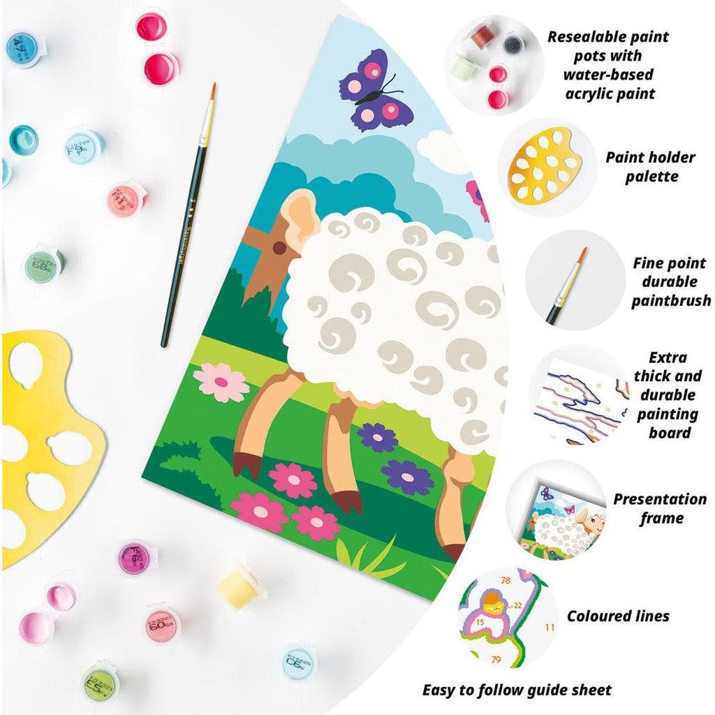 Discover the Ravensburger CreArt Kids Painting Kit, featuring a Sheep and Lamb Paint by Numbers design. This set includes resealable paints, a fine brush, thick board, vibrant colors, and a guide sheet—everything young artists need for creative painting arts and crafts.