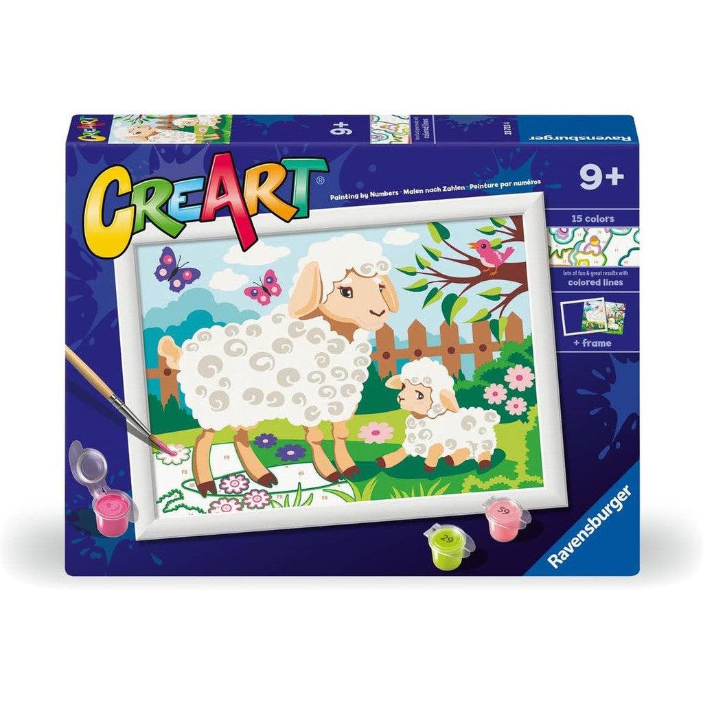 The Ravensburger CreArt painting by numbers kit for ages 9+ is perfect for arts and crafts enthusiasts. It features sheep in a field and includes a framed canvas, 15 colors, brush, and paints.