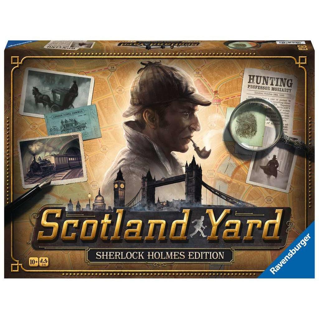 teh box for the sherlock holmes edition of Scotland yard. a picture of sherlock with a pipe in his mouth is on the cover of the box.