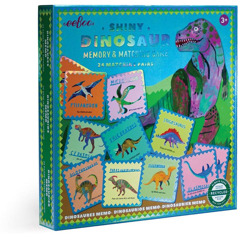 shiny dinosaur memory and matching game shows some colorful cards with dinosaurs on them for a memory match game.