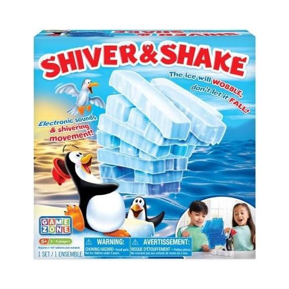 Box cover of the game Shiver and Shake. Ice will wobble don't let it fall! Electric soounds and shivering movement. A penguin is wobbling with a large stack of ice about to collapse.