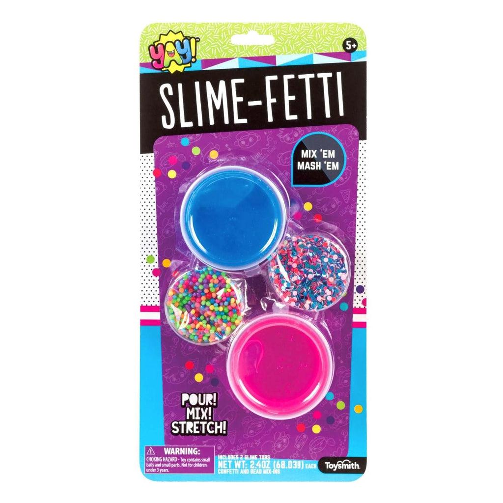 The Slime-Fetti kit offers a vibrant experience with blue and pink colorful slimes, lively beads, and easy instructions to mix and stretch. Featuring "Yay!" branding, this fun toy is perfect for ages 5 and up. Enjoy endless creativity with exciting mix-ins!.