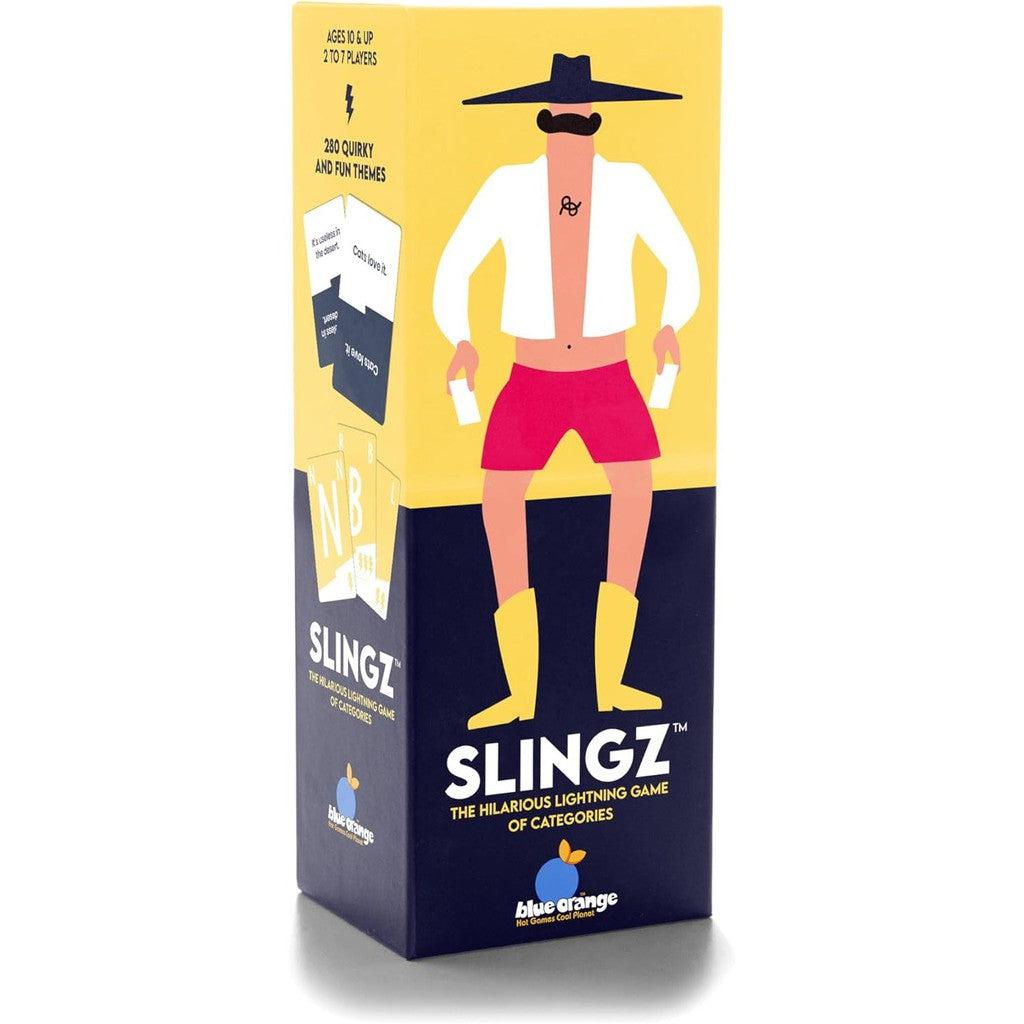 The "Blue Orange Slingz" box showcases a cartoon figure in a hat and yellow pants, holding cards. It's a lively party game designed for ages 6+, accommodating 2 to 7 players with 280 quirky and fun themes.