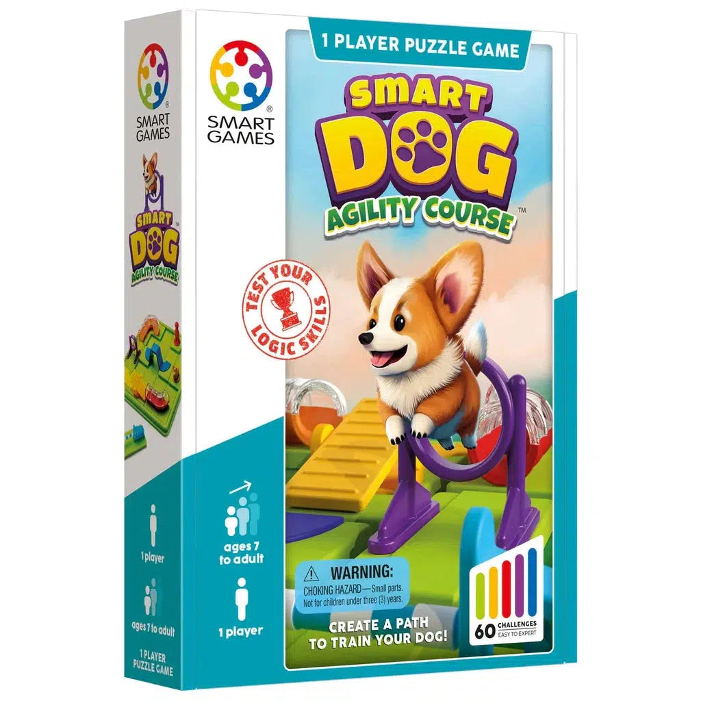 Box of "Smart Dog Agility Course" compact puzzle game for ages 7 to adult, featuring a cartoon dog navigating a colorful obstacle path. Perfect for dog lovers, it includes 60 challenges from easy to expert.