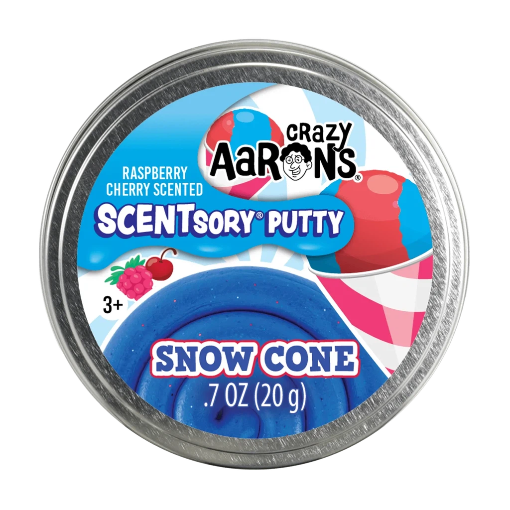 Small tin of Snow Cone putty. It is blue with red spots and is raspberry cherry scented.