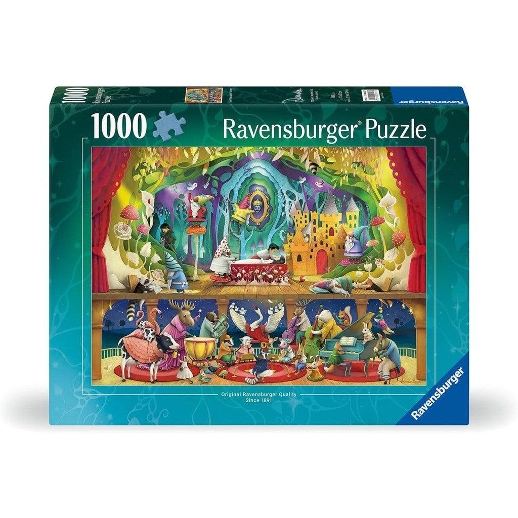 The Ravensburger 1000-piece jigsaw puzzle box showcases a whimsical theater scene with animals performing on a colorful stage, reminiscent of the enchanting charm found in their Snow White series.