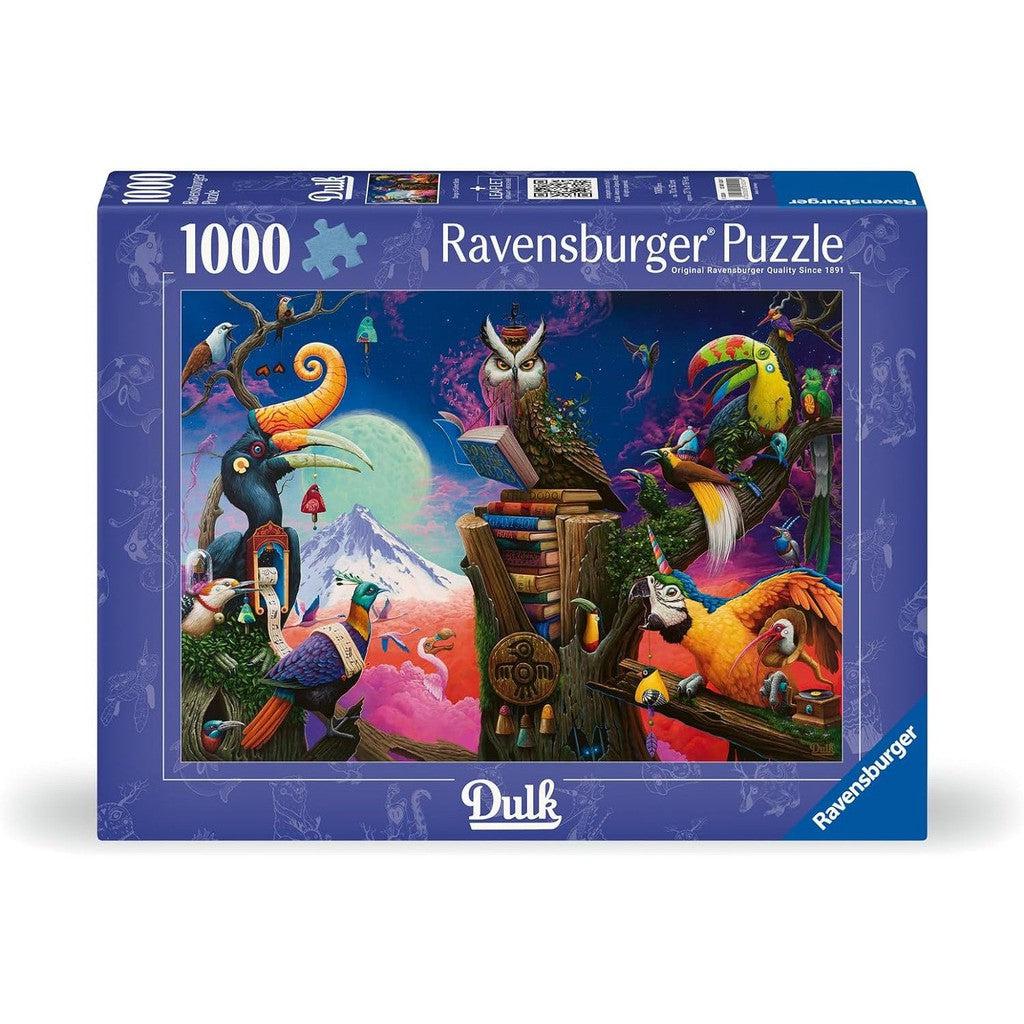 The box of the Ravensburger 1000-piece jigsaw puzzle showcases a colorful, surreal jungle scene with various birds and a mountain in the background, echoing the enchanting melodies of "Ravensburger Songs of Extinct Birds.