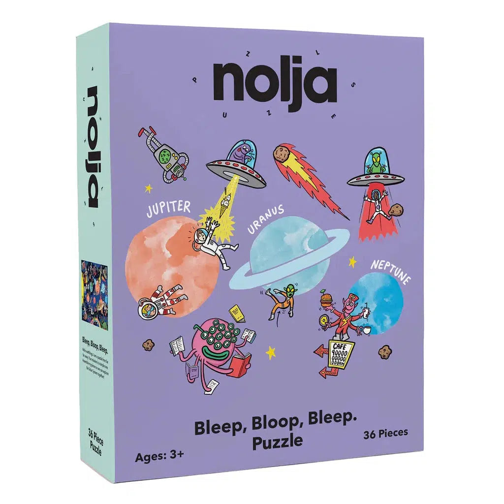 Puzzle box titled "Bleep, Bloop, Bleep" invites young explorers on an intergalactic adventure with playful alien illustrations. Discover planets like Jupiter, Uranus, and Neptune within the Solar System. Perfect for ages 3+, the puzzle includes 36 pieces of cosmic fun.