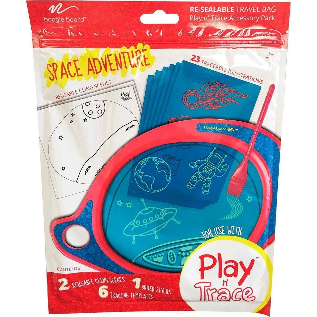 the space adventure pack shows a resealable bag with a boogie board and traceable paper to practice making pictures of space themed items