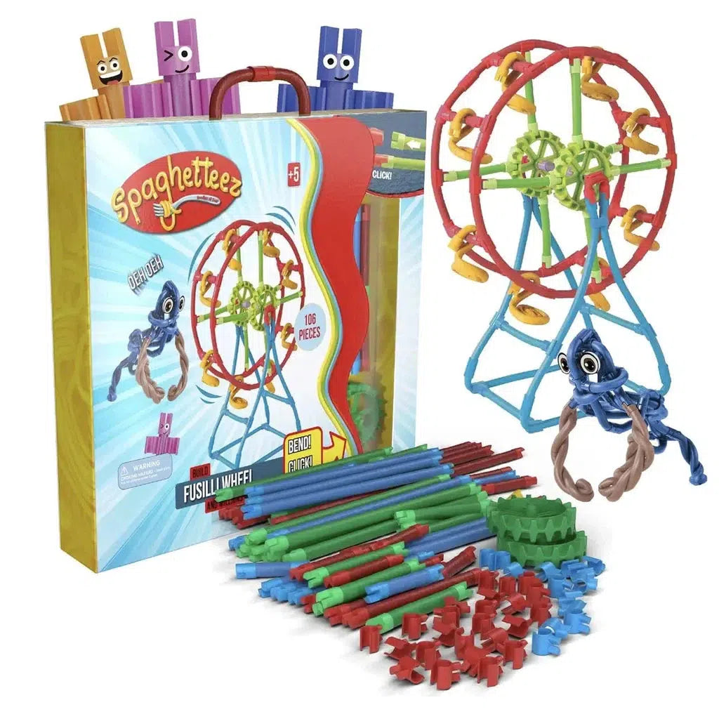 Spaghetteez building set featuring colorful plastic sticks and connectors to create a Ferris wheel. The packaging displays the completed model and various colorful pieces.