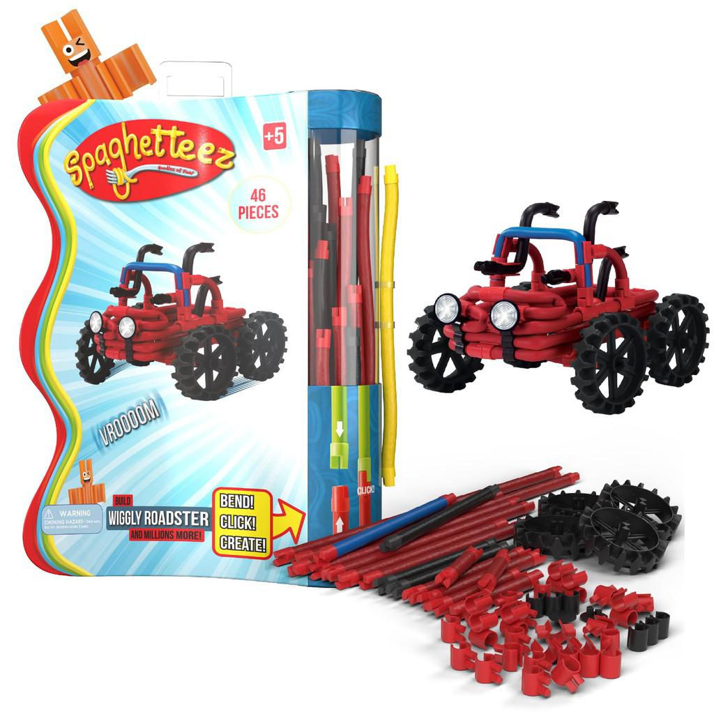 Spaghetteez toy set with 46 pieces for building a red and black wiggly roadster. Includes rods, connectors, and wheels. Packaging and assembled car shown.